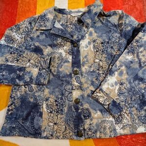 CJ Banks Paisley Floral Watercolor  Jacket Blazer 1X Blue Tan White Wearable Art